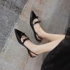 Elegant Literary Genuine Leather Pointed Toe Bow Sandals for Women - Low Chunky Heel - Midnight Opera House Style