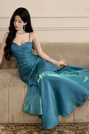 Elegant Mermaid Blue Fishtail Dress for Women - Summer Goddess Waist-Cinching Slim Fit Spaghetti Strap - High-End Fashion
