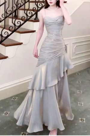 Elegant Mermaid Blue Fishtail Dress for Women - Summer Goddess Waist-Cinching Slim Fit Spaghetti Strap - High-End Fashion