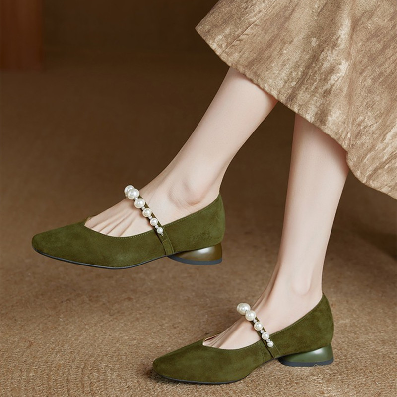 Elegant Pearl Mary Jane Shoes for Women - French Style Suede Square Toe Wedge Heels, Chic Fashion Footwear for Any Occasion Elegant Pearl Mary Jane Shoes for Women - French Style Suede Square Toe Wedge Heels, Chic Fashion Footwear for Any Occasion