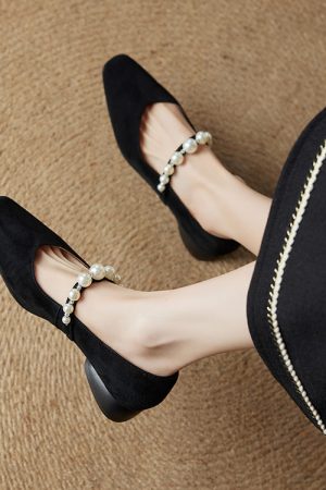 Elegant Pearl Mary Jane Shoes for Women - French Style Suede Square Toe Wedge Heels, Chic Fashion Footwear for Any Occasion