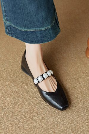 Elegant Pearl One-Strap Mary Jane Shoes for Women - Versatile Shallow Mouth Flats, Chic Italian Style