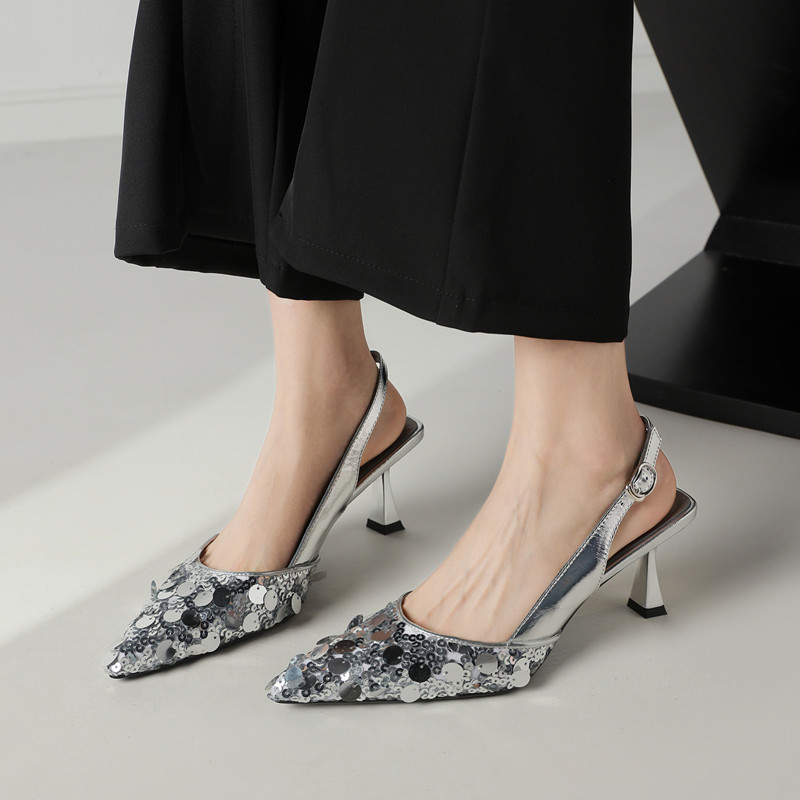 Elegant Pointed-Toe Heeled Sandals for Women with Sequins and Open Back - Italian Style Evening Footwear Elegant Pointed-Toe Heeled Sandals for Women with Sequins and Open Back - Italian Style Evening Footwear