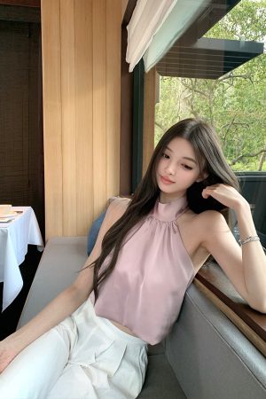 Elegant Purple Backless Halter Top Sleeveless Vest for Women - Summer Imitation Acetate Tank - Chic Y2K Style