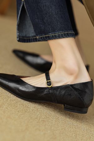 Elegant Retro Chunky Heel Mary Jane Shoes for Women - Pointed Toe One-Strap Flats for Commuting, Vintage Style Footwear