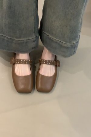 Elegant Retro Mary Jane Shoes for Women - Sheepskin French Square-Toe Flat Ballet Shoes with Shallow Strap, Y2K Style
