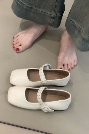 Elegant Retro Mary Jane Shoes for Women - Sheepskin French Square-Toe Flat Ballet Shoes with Shallow Strap, Y2K Style
