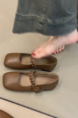 Elegant Retro Mary Jane Shoes for Women - Sheepskin French Square-Toe Flat Ballet Shoes with Shallow Strap, Y2K Style