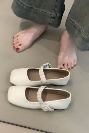 Elegant Retro Mary Jane Shoes for Women - Sheepskin French Square-Toe Flat Ballet Shoes with Shallow Strap, Y2K Style
