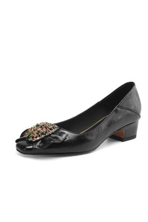 Elegant Rhinestone Bow Square-Toed Leather Shoes for Women - Fashionable Versatile Italian Style