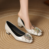 Elegant Rhinestone Bow Square-Toed Leather Shoes for Women - Fashionable Versatile Italian Style
