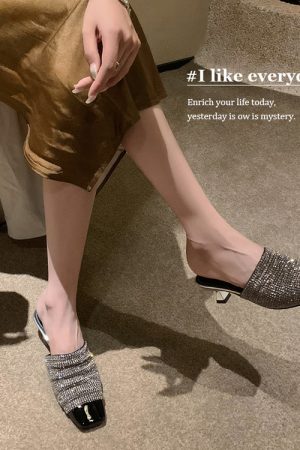 Elegant Rhinestone High-Heeled Sandals for Women - French Style Closed-Toe Half Slippers - Light Luxury Fashion Trend