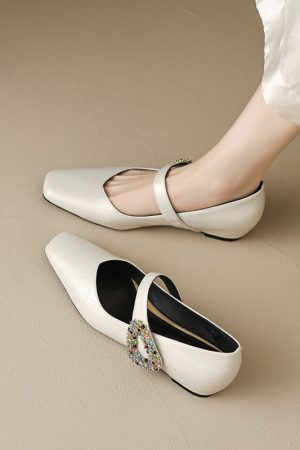 Elegant Rhinestone One-Strap Mary Jane Shoes for Women | Italian Flat Shallow Mouth Versatile Footwear
