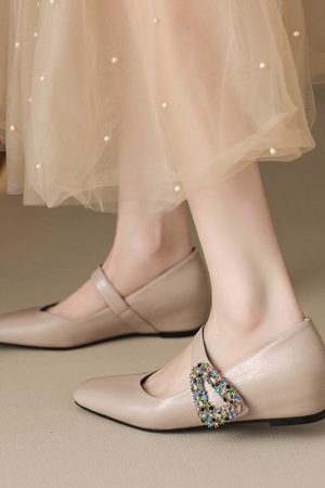 Elegant Rhinestone One-Strap Mary Jane Shoes for Women | Italian Flat Shallow Mouth Versatile Footwear