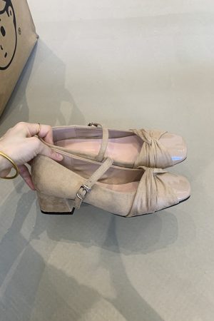 Elegant Sheepskin Square Toe Mary Jane Shoes for Women - French Style High-Heeled Chunky Heel Flats in Gentle Fairy Aesthetic