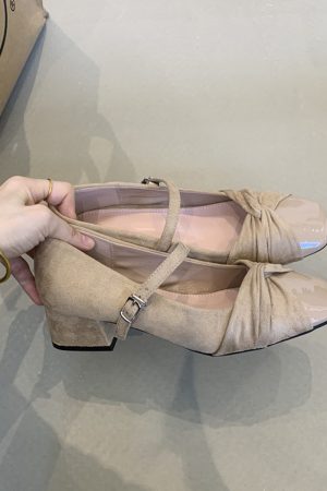 Elegant Sheepskin Square Toe Mary Jane Shoes for Women - French Style High-Heeled Chunky Heel Flats in Gentle Fairy Aesthetic