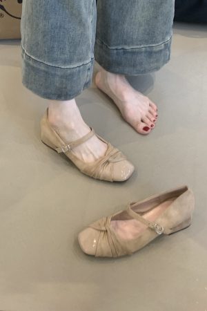 Elegant Sheepskin Square Toe Mary Jane Shoes for Women - French Style High-Heeled Chunky Heel Flats in Gentle Fairy Aesthetic