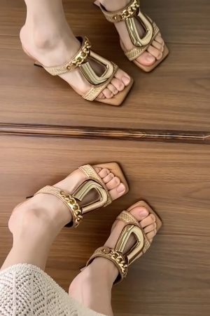 Elegant Sheepskin Wedge Sandals for Women - Metal Buckle, Square Toe, Open-Toe High-Heeled Slides, French Vacation Style