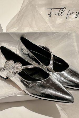Elegant Silver Genuine Leather Pointed Toe Low-Heeled Mary Jane Flats - Italian Style, Classic Fashion Footwear