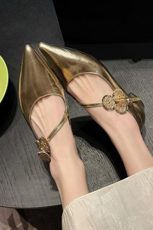 Elegant Silver Genuine Leather Pointed Toe Low-Heeled Mary Jane Flats - Italian Style, Classic Fashion Footwear