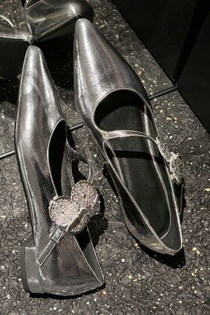 Elegant Silver Genuine Leather Pointed Toe Low-Heeled Mary Jane Flats - Italian Style, Classic Fashion Footwear