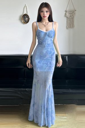 Elegant Sparkling Blue Fish Tail Long Dress for Women - Strapless & Spaghetti Strap, Waist-Cinching, Body-Shaping, Y2K Style