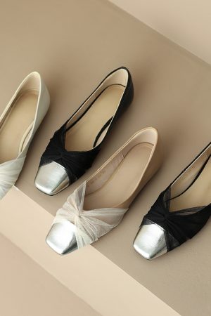 Elegant Square-Toe Flat Shoes for Women - French Artistic Color-Blocking Design in Genuine Leather and Mesh for Spring Style