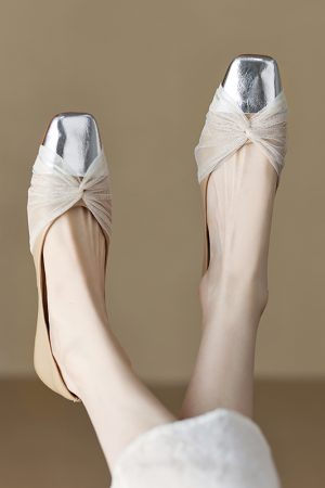 Elegant Square-Toe Flat Shoes for Women - French Artistic Color-Blocking Design in Genuine Leather and Mesh for Spring Style