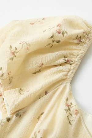 Elegant V-neck Floral Tea Break Dress - Slimming Waist-Defined Design, French Romantic Style, Yellow, Perfect for 90s & Y2K Fashion