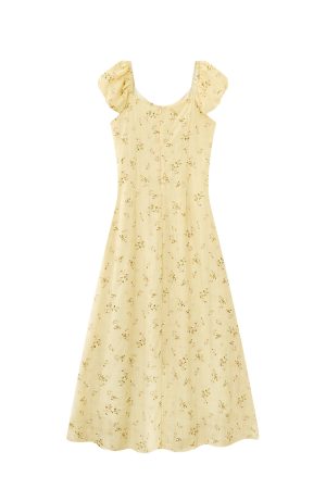 Elegant V-neck Floral Tea Break Dress - Slimming Waist-Defined Design, French Romantic Style, Yellow, Perfect for 90s & Y2K Fashion