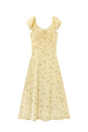 Elegant V-neck Floral Tea Break Dress - Slimming Waist-Defined Design, French Romantic Style, Yellow, Perfect for 90s & Y2K Fashion