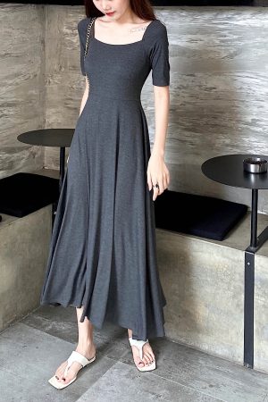 Elegant Vintage A-Line Dress with Flared Hem, Slimming Mid-Sleeves, High-Waisted Ribbed Cotton for Summer 2025