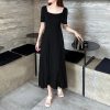 Elegant Vintage A-Line Dress with Flared Hem, Slimming Mid-Sleeves, High-Waisted Ribbed Cotton for Summer 2025