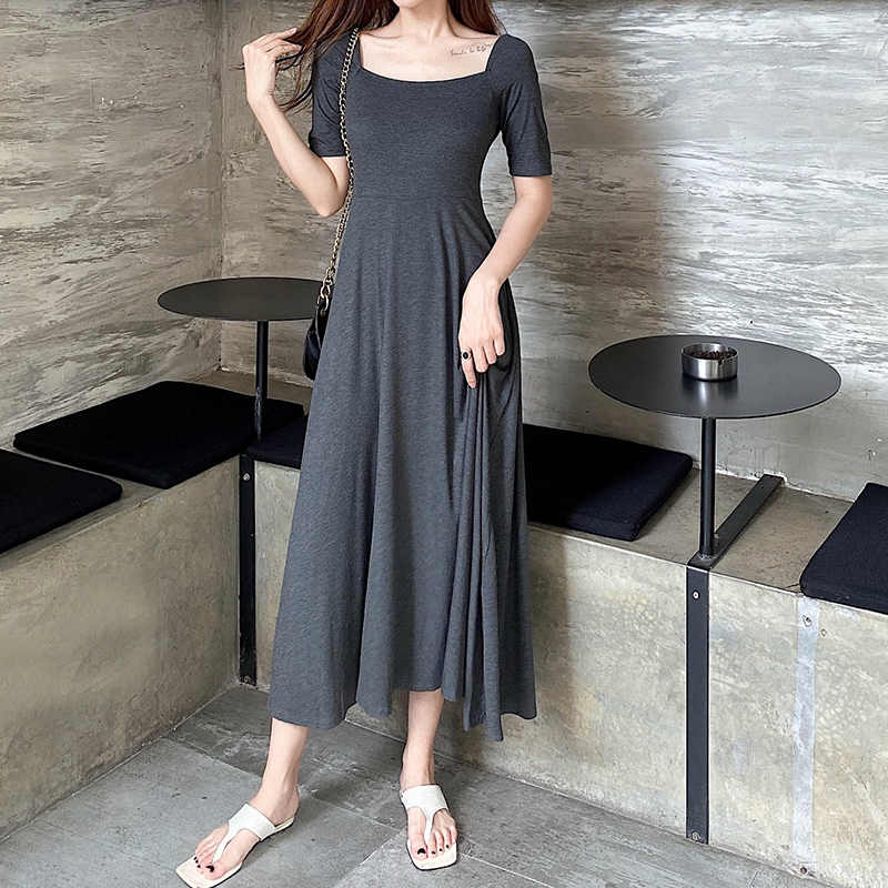 Elegant Vintage A-Line Dress with Flared Hem, Slimming Mid-Sleeves, High-Waisted Ribbed Cotton for Summer 2025 Elegant Vintage A-Line Dress with Flared Hem, Slimming Mid-Sleeves, High-Waisted Ribbed Cotton for Summer 2025