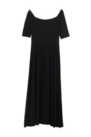 Elegant Vintage A-Line Dress with Flared Hem, Slimming Mid-Sleeves, High-Waisted Ribbed Cotton for Summer 2025