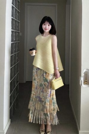 Elegant White Sleeveless Top with Pleated Tassel Skirt - Spring Summer Women's Fashion, Miyake Style, Chic and Trendy Look