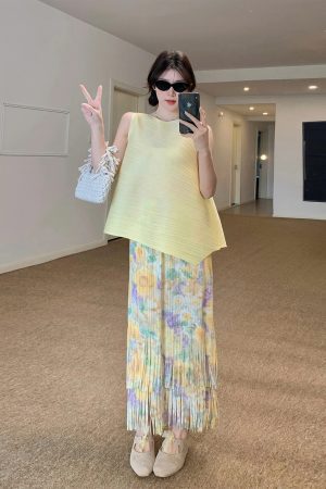 Elegant White Sleeveless Top with Pleated Tassel Skirt - Spring Summer Women's Fashion, Miyake Style, Chic and Trendy Look