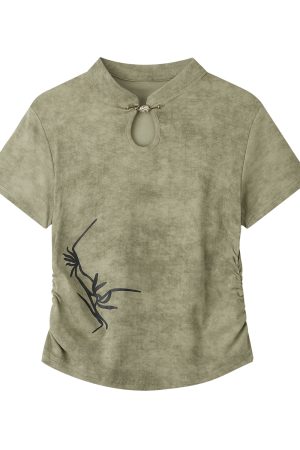 Elegant Women's Fitted Tie-Dye Embroidered Short-Sleeve T-Shirt - Pure Cotton Chinese Style Top for a Chic Look