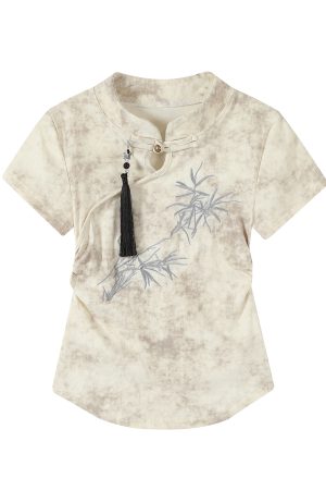 Elegant Women's Fitted Tie-Dye Embroidered Short-Sleeve T-Shirt in Pure Cotton - Chinese Style National Wind Top for Effortless Chic