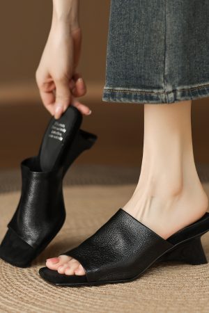 Elegant Women's Genuine Leather Square Toe Open-Toe Wedge Sandals - Summer 2025 One-Strap Cool Slippers, Chic Fashion Footwear