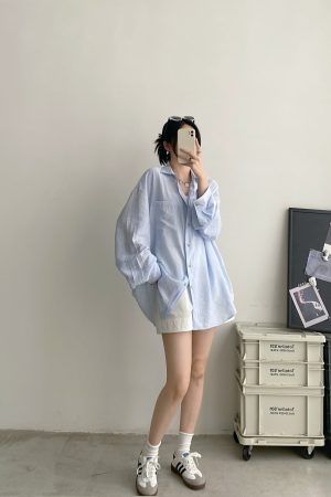 Elegant Women's Long Sleeve Tie-Dye Shirt in Sun Grapefruit with Lapel, Casual Loose Fit, Summer Sun-Protective Style