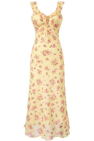 Elegant Yellow Floral Slip Dress for Women - 2025 Summer Style, Long Design for Chic 90s Vintage Vibes