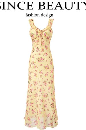 Elegant Yellow Floral Slip Dress for Women - 2025 Summer Style, Long Design for Chic 90s Vintage Vibes