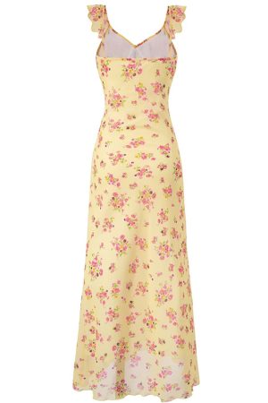 Elegant Yellow Floral Slip Dress for Women - 2025 Summer Style, Long Design for Chic 90s Vintage Vibes