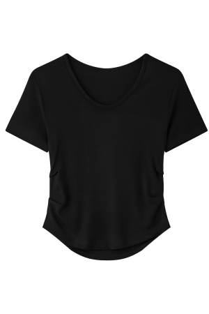 Elegant Yellow V-Neck Short Sleeve T-Shirt for Women with Waist Design and Pleats, Perfect for Casual 90s Inspired Looks