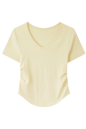 Elegant Yellow V-Neck Short Sleeve T-Shirt for Women with Waist Design and Pleats, Perfect for Casual 90s Inspired Looks
