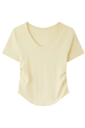 Elegant Yellow V-Neck Short Sleeve T-Shirt for Women with Waist Design and Pleats, Perfect for Casual 90s Inspired Looks
