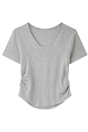 Elegant Yellow V-Neck Short Sleeve T-Shirt for Women with Waist Design and Pleats, Perfect for Casual 90s Inspired Looks