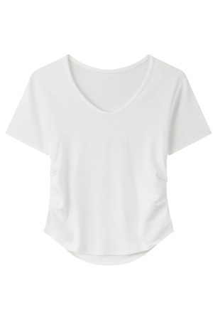 Elegant Yellow V-Neck Short Sleeve T-Shirt for Women with Waist Design and Pleats, Perfect for Casual 90s Inspired Looks