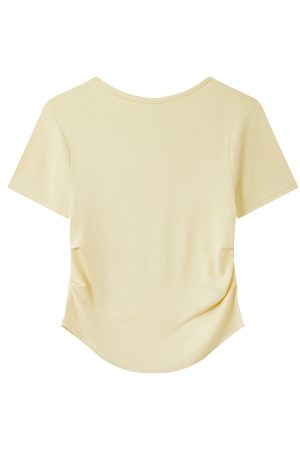 Elegant Yellow V-Neck Short Sleeve T-Shirt for Women with Waist Design and Pleats, Perfect for Casual 90s Inspired Looks